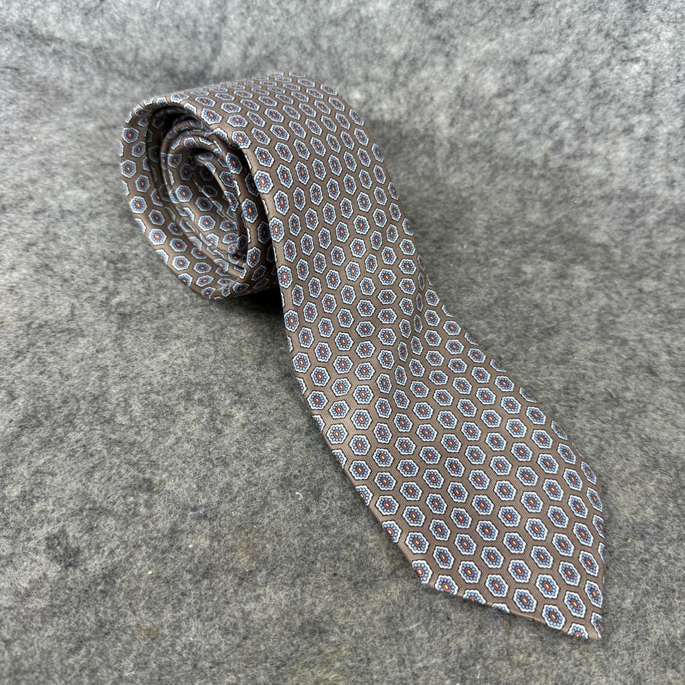 Handmade All Silk Neck Tie Blue Brown Tan Beig Geometric Pattern Hand Made 3x55